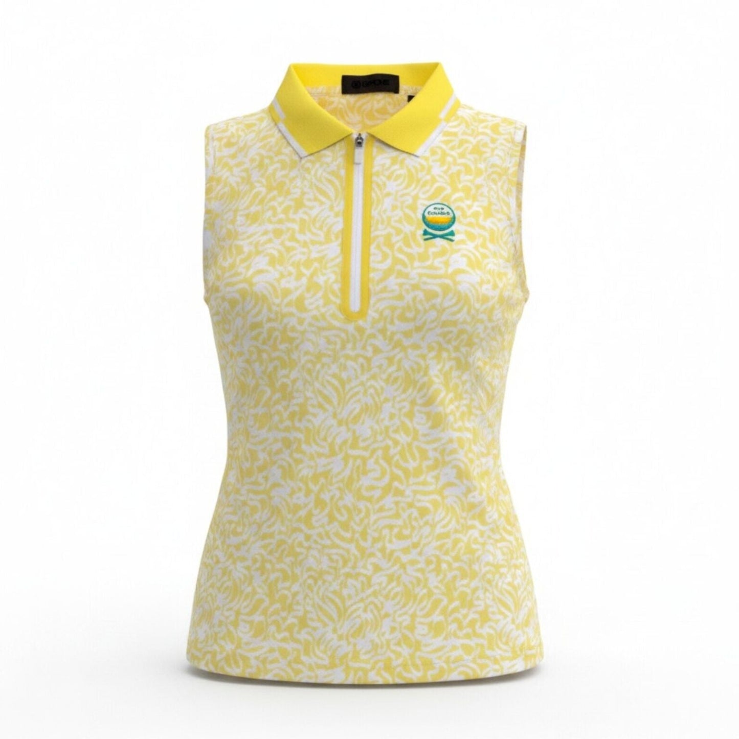 Front view of Sun Cruiser sleeveless yellow golf polo featuring quarter-zip neckline, white trim collar, and all-over print