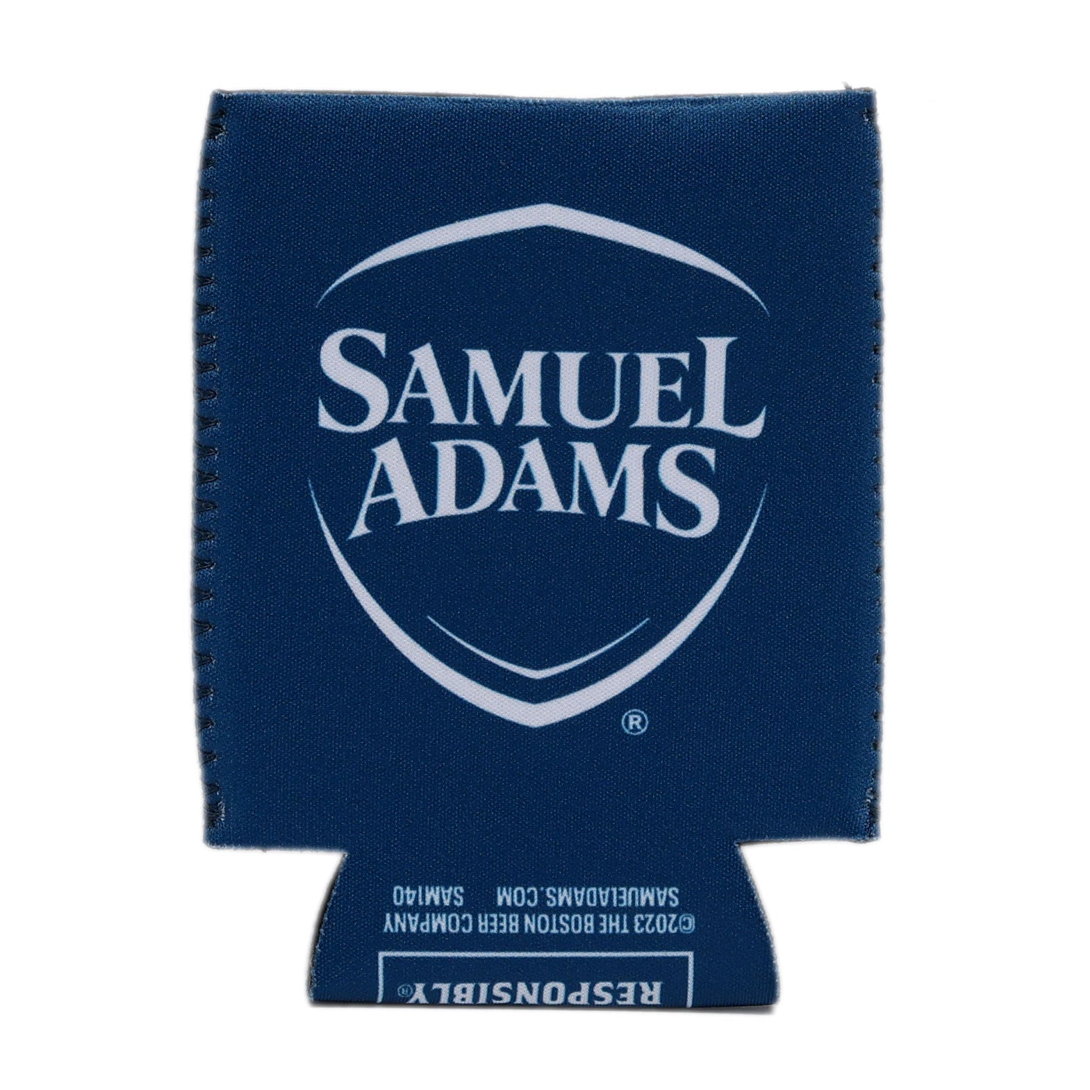 An empty navy blue 12oz can cooler (laying flat) with the white Samuel Adams shield logo.