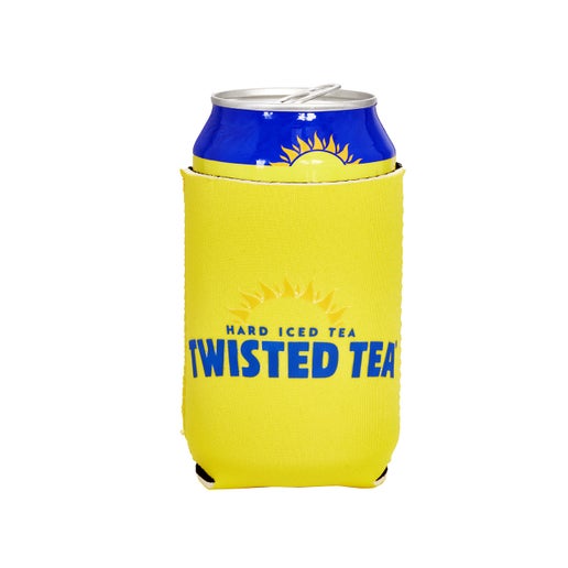 A bright yellow can cooler sleeve, features the iconic Twisted Tea logo, displaying the brand name in a bold, capitalized blue font with a sunburst graphic below it. A Twisted Tea can is clearly visible inside the cooler, with its blue top and part of the silver rim showing.