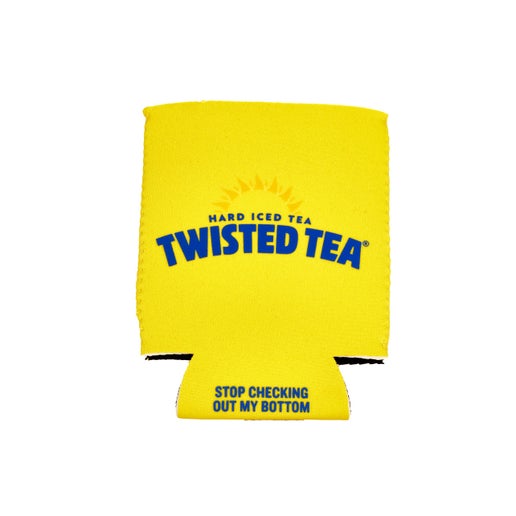 A flat yellow can cooler is displayed against a plain white background. The cooler is rectangular with a rounded top, and features two semicircular cutouts at the bottom for stability and to accommodate a can. The blue "TWISTED TEA" logo is prominently printed across the center in a bold, slightly arched font.