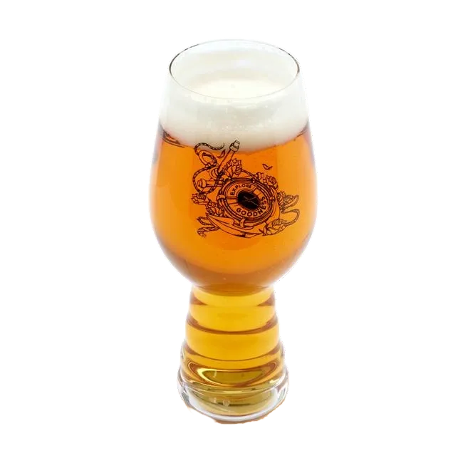 A 19oz glass filled with beer featuring black imagery of underwater designs on the front with writing "Explore Goodness" on it. The other side of the glass features a black Dogfish Head shark and shield logo.