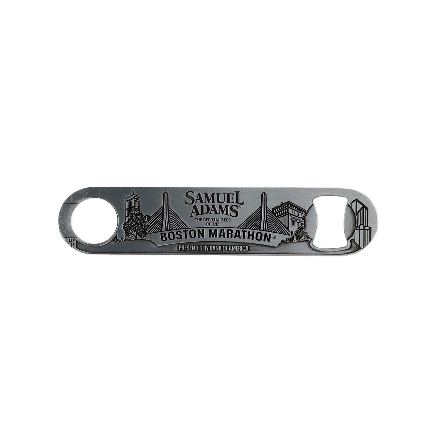Front view of a stainless steel paddle-style bottle opener featuring the Samuel Adams logo and a Boston skyline illustration with “Boston Marathon®” text.