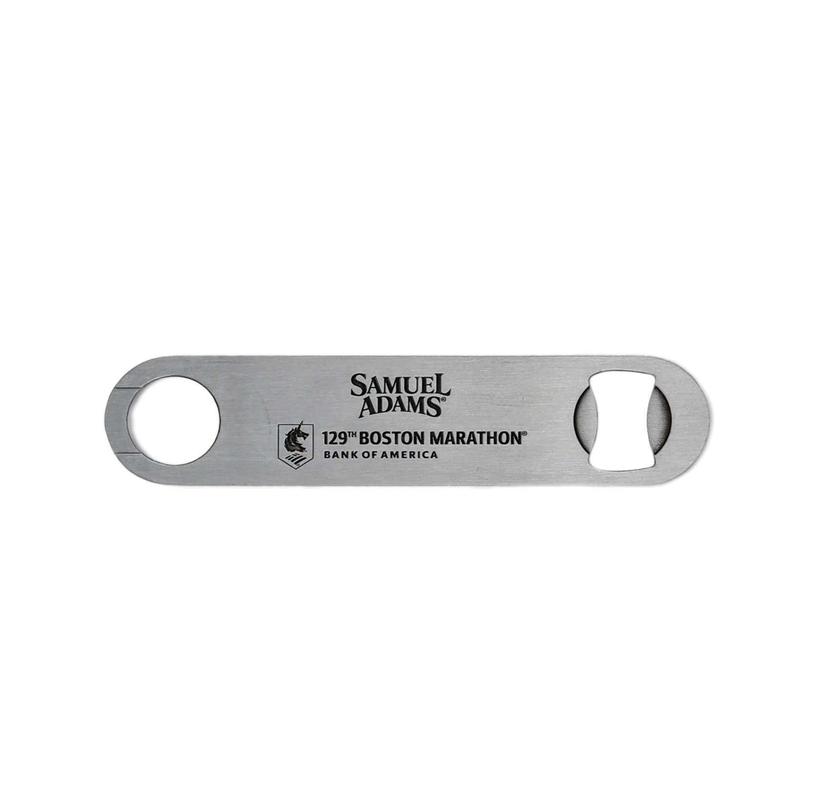 Back view of the same opener with the Samuel Adams logo and “129th Boston Marathon® Bank of America” engraved in black text.