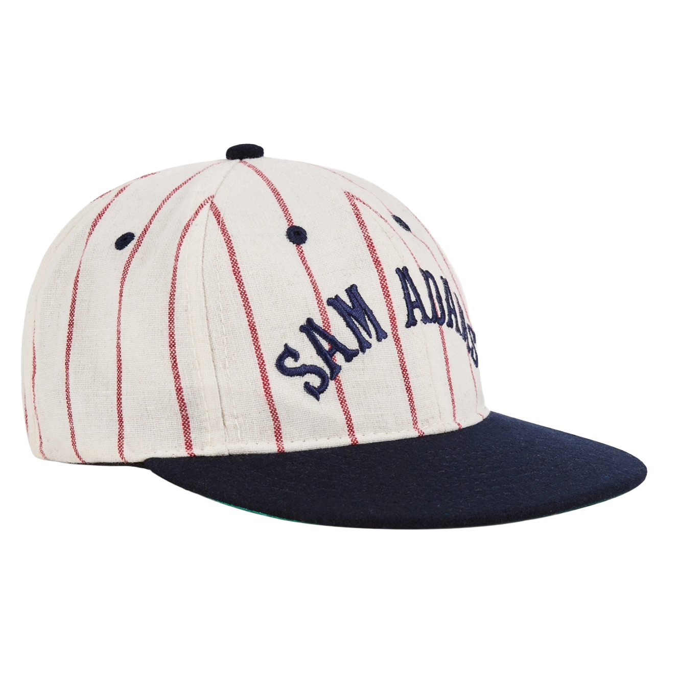 Baseball cap with red pinstripes and 'Sam Adams' text on a white background