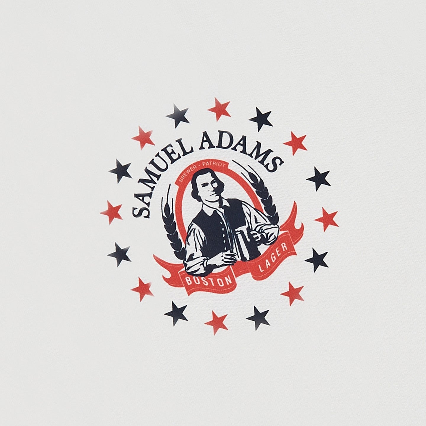 Samuel Adams Boston Lager logo with a person holding a bottle and stars on a light gray background