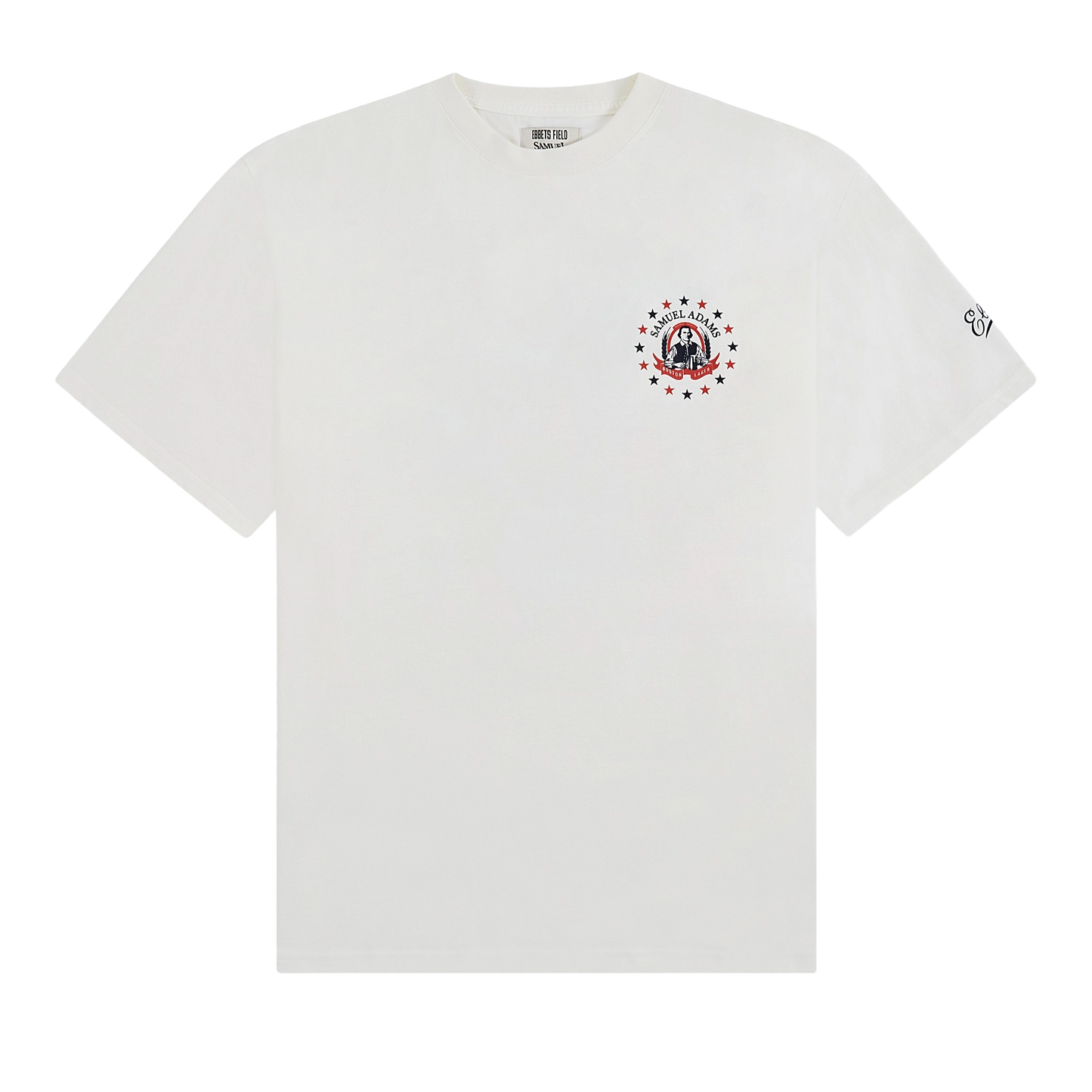 White t-shirt with a graphic design on a white background