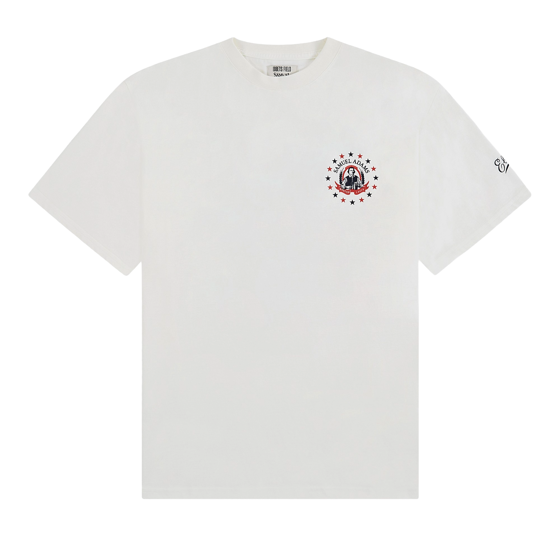 White t-shirt with a graphic design on a white background