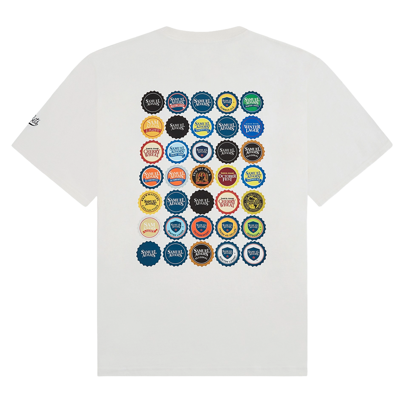 White t-shirt with colorful bottle cap designs on a white background
