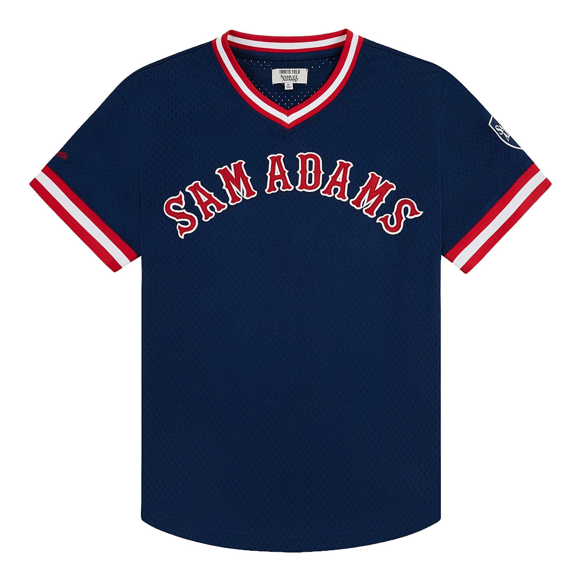 Navy blue baseball jersey with red and white trim featuring 'Sam Adams' branding on a white background.