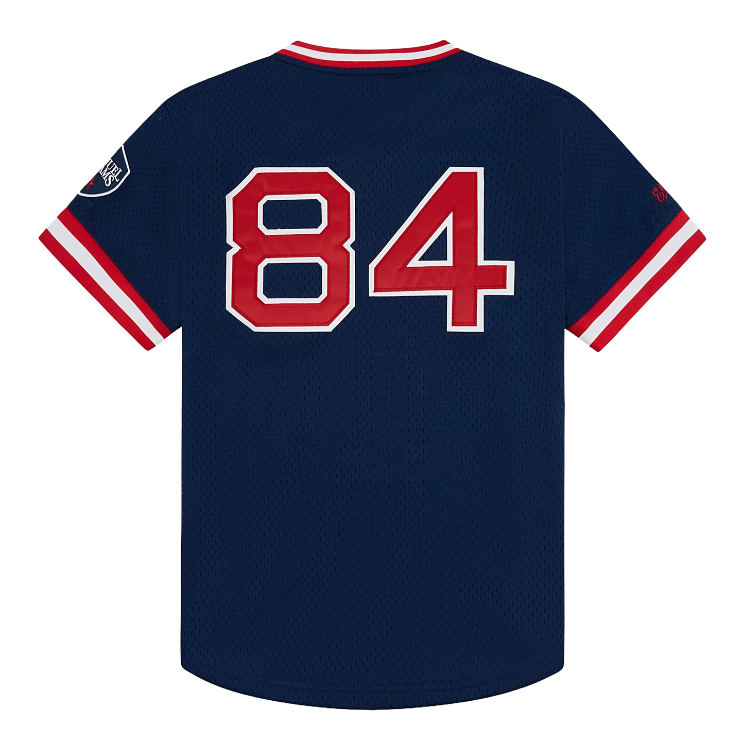 Navy blue baseball jersey with red number 84 on a white background