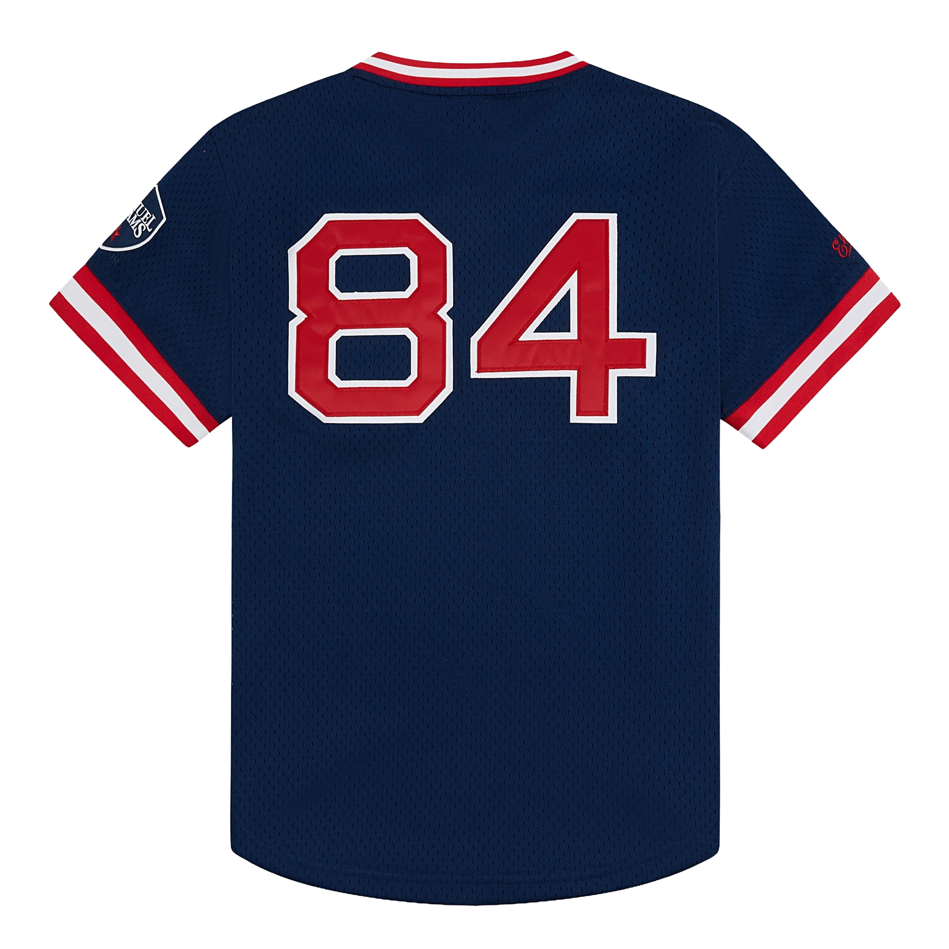 Navy blue baseball jersey with red number 84 on a white background