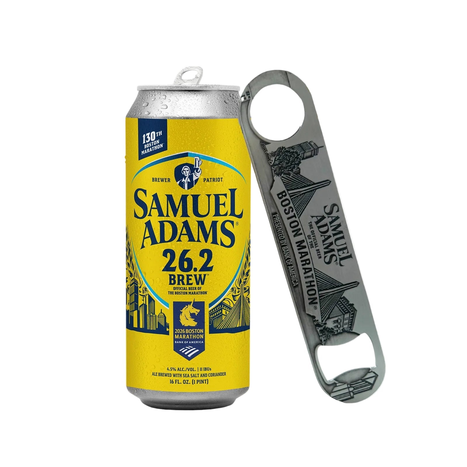 Samuel Adams Boston Marathon paddle bottle opener displayed beside a Samuel Adams 26.2 Brew can, highlighting engraved Boston skyline artwork and durable stainless steel design.