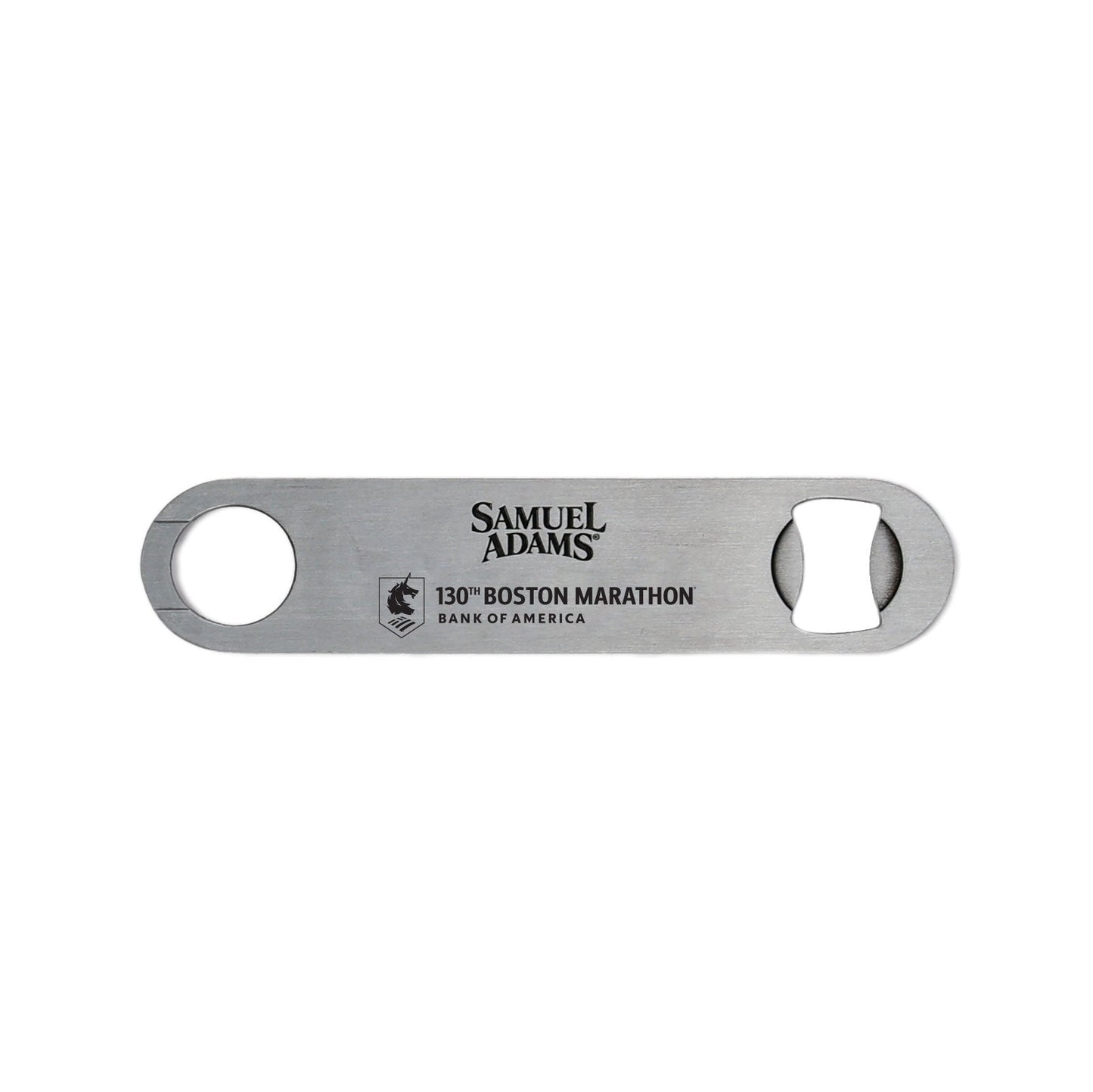 Samuel Adams Boston Marathon stainless steel paddle bottle opener featuring engraved 130th Boston Marathon logo and Bank of America branding on a sleek metal finish.