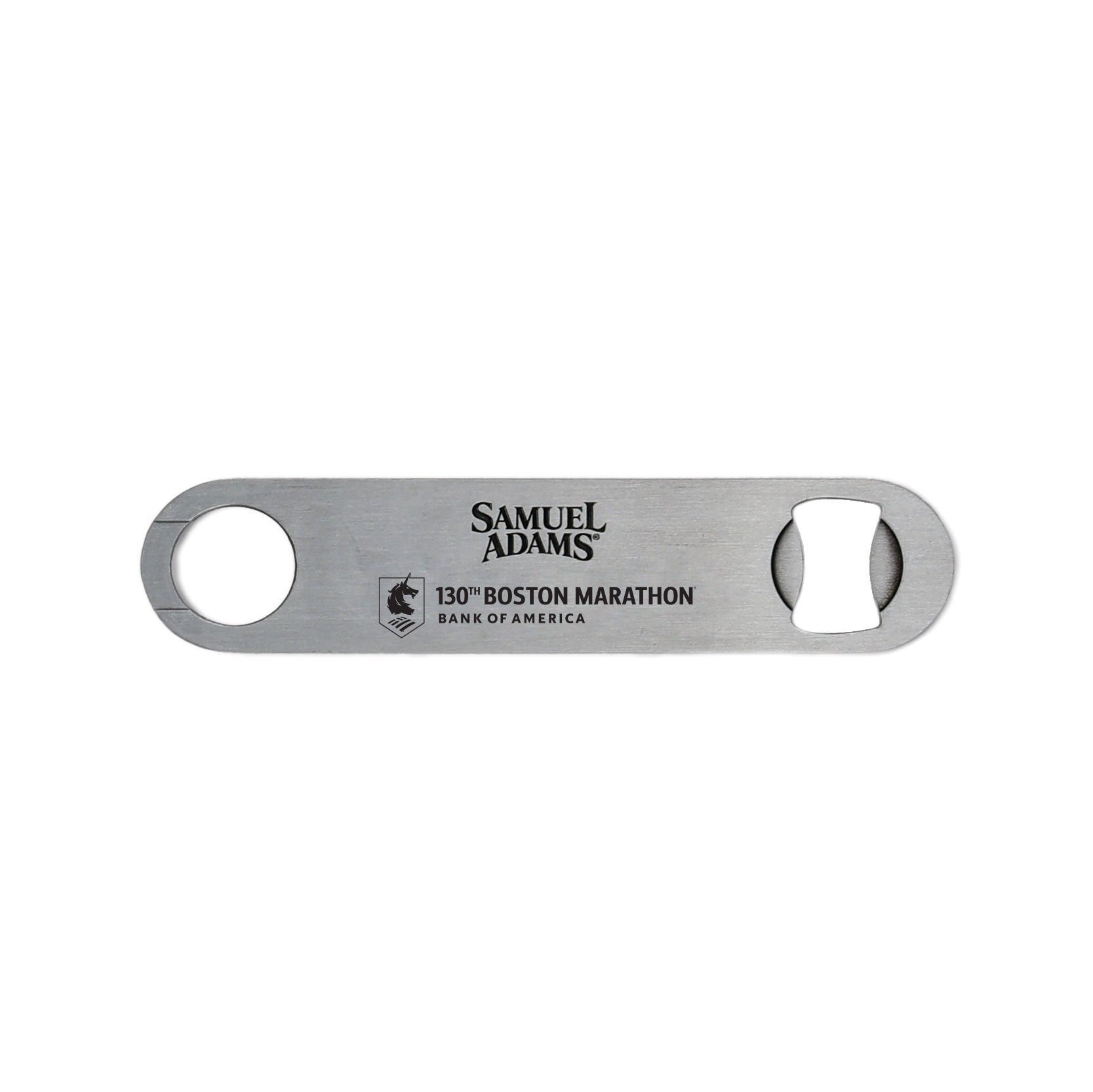 Samuel Adams Boston Marathon stainless steel paddle bottle opener featuring engraved 130th Boston Marathon logo and Bank of America branding on a sleek metal finish.