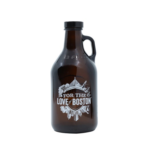 A brown glass 32oz Growler with a white print on the front that has different famous elements of Boston's city-scape surrounding a shield with the words "For the love of Boston" inside. The growler has a black cap.
