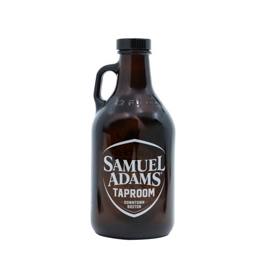 A brown glass 32oz Growler with a print of the Samuel Adams classic shield logo printed in white that also mentions the Taproom in Downtown Boston. The growler has a black cap.