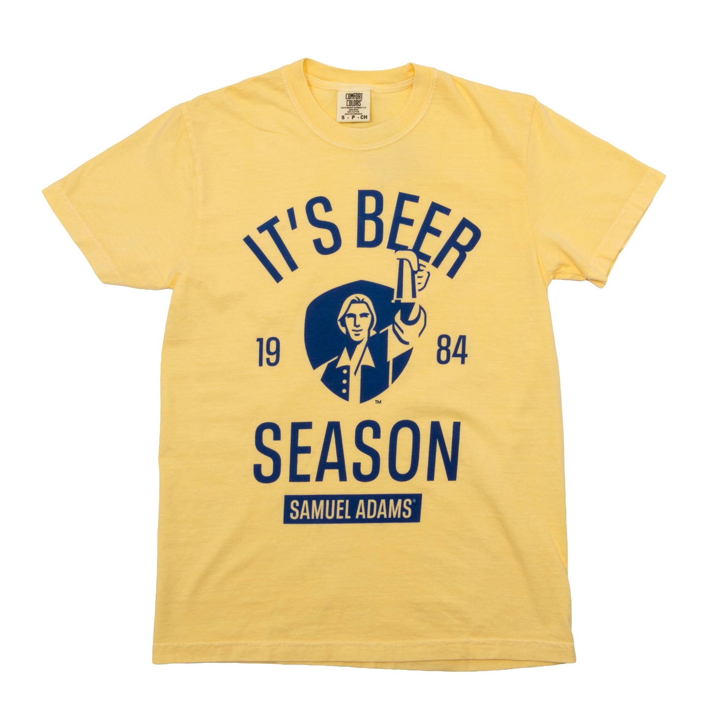 Samuel Adams yellow ‘It’s Beer Season’ t-shirt with navy logo graphic, 1984 print, and classic Samuel Adams hoist design on soft cotton tee