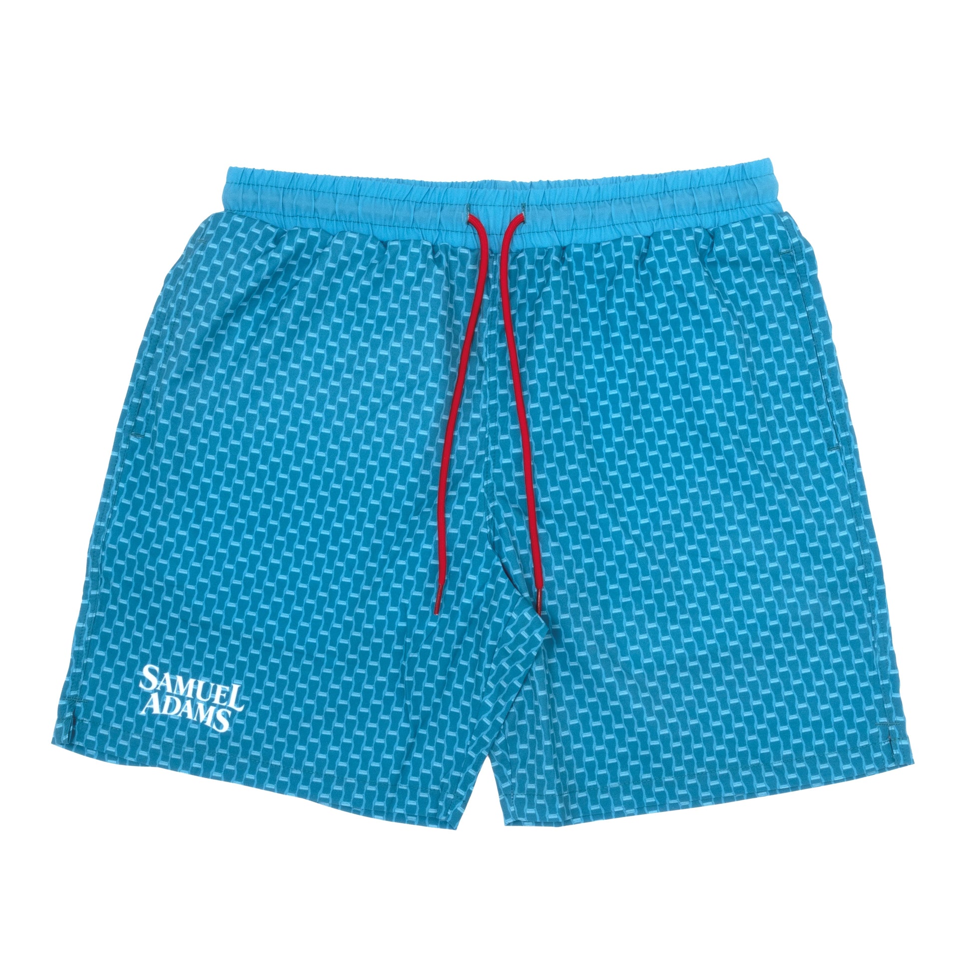 Samuel Adams blue pint pattern swim trunks with elastic waistband, red drawstring, and logo detail, lightweight summer beach and pool shorts