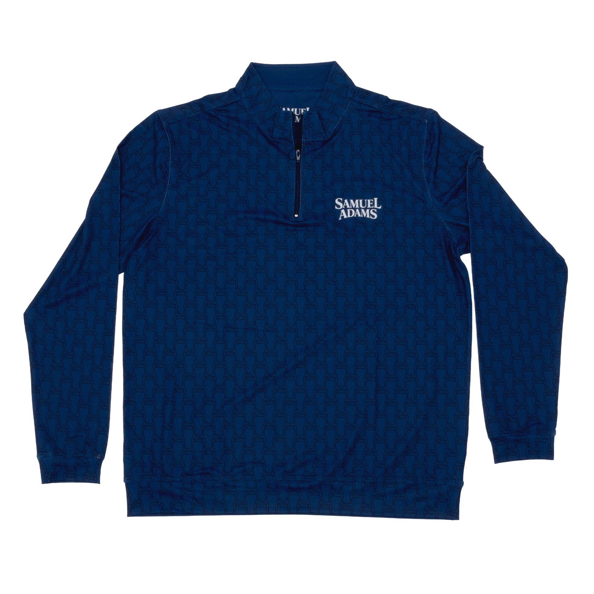 Front view of Samuel Adams Perfect Pint quarter zip pullover in navy with mock neck, half zip closure, and branded chest logo