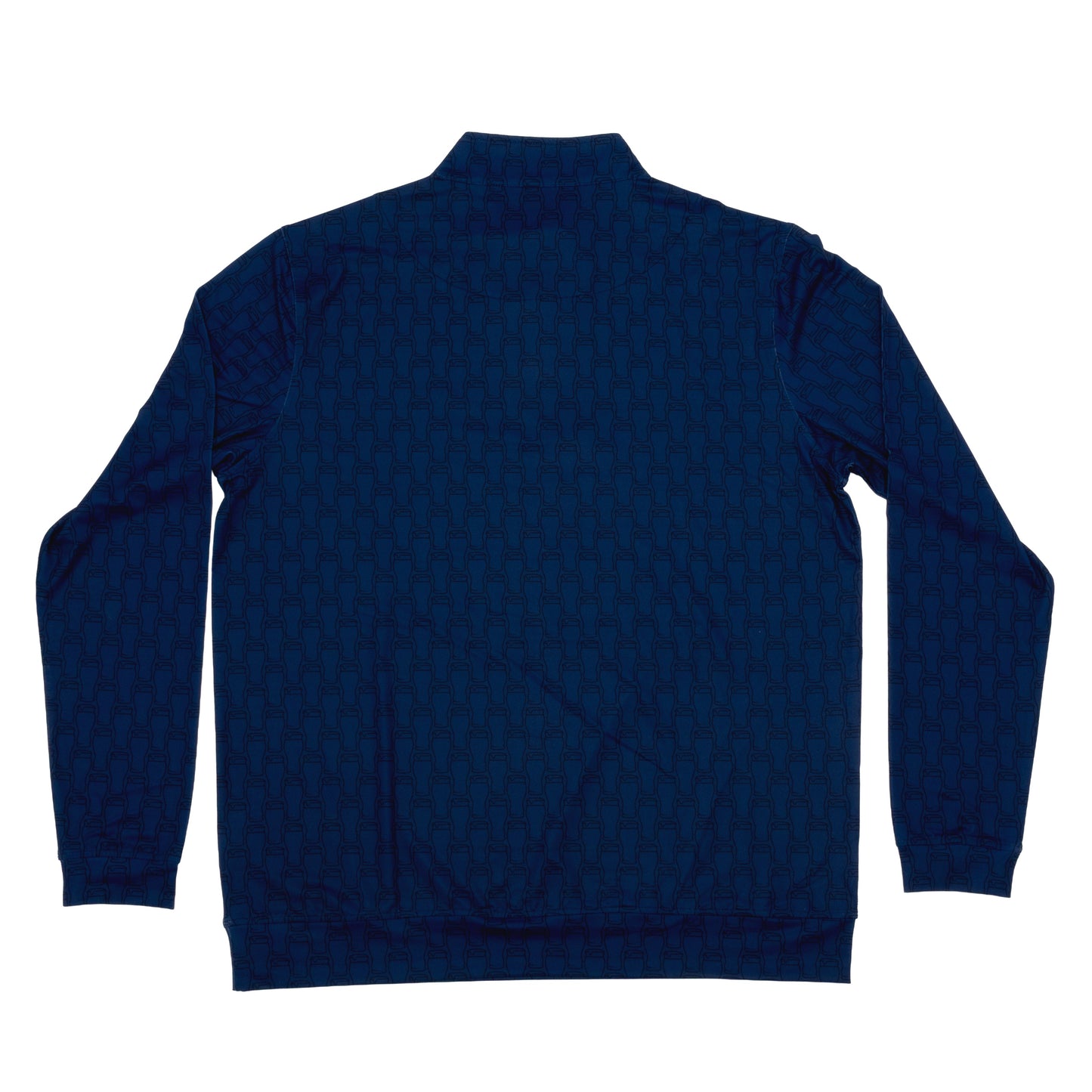 Back view of Samuel Adams Perfect Pint navy quarter zip jacket showcasing all-over tonal pint glass print design