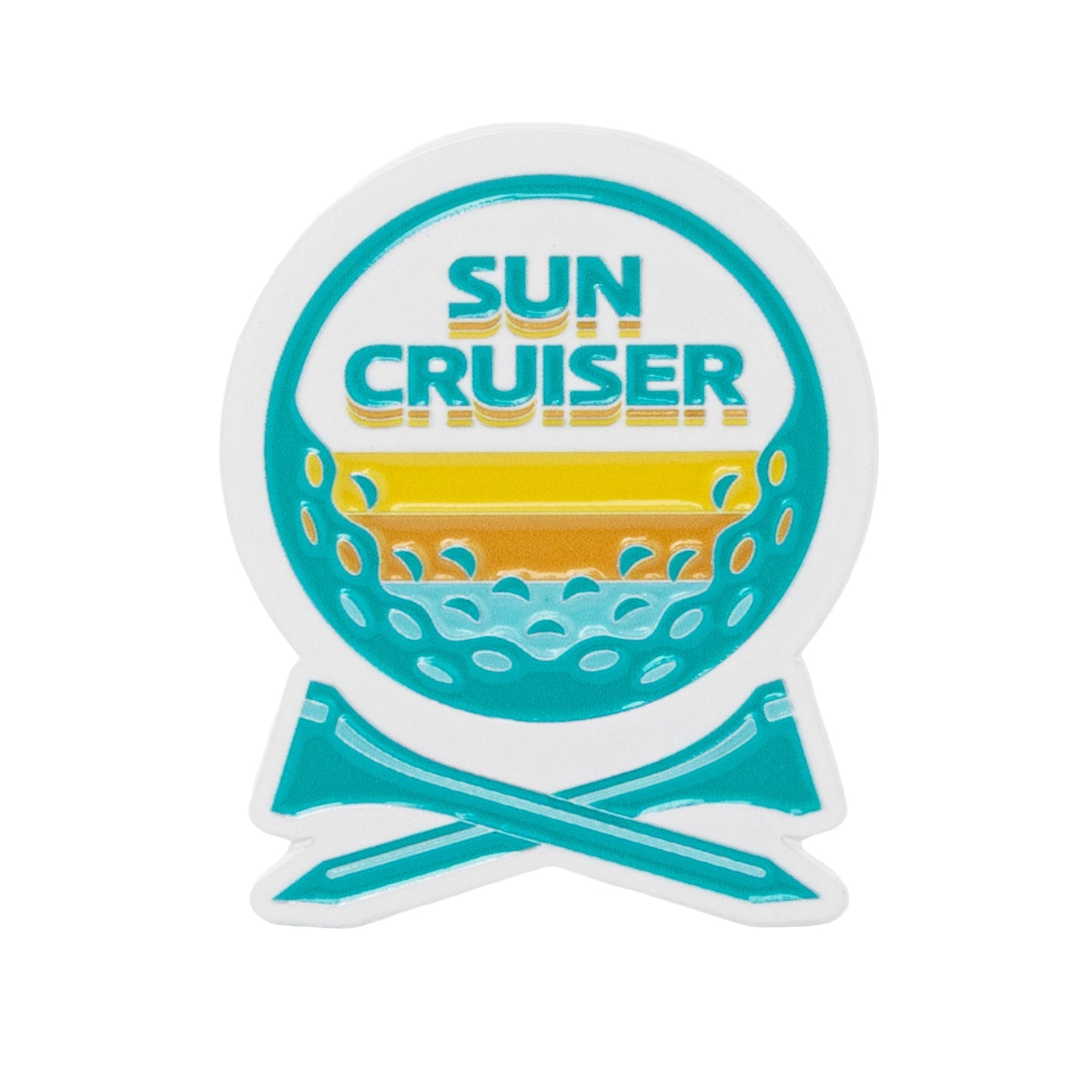 Sun Cruiser golf ball marker with colorful sunset, ocean waves, and crossed clubs design