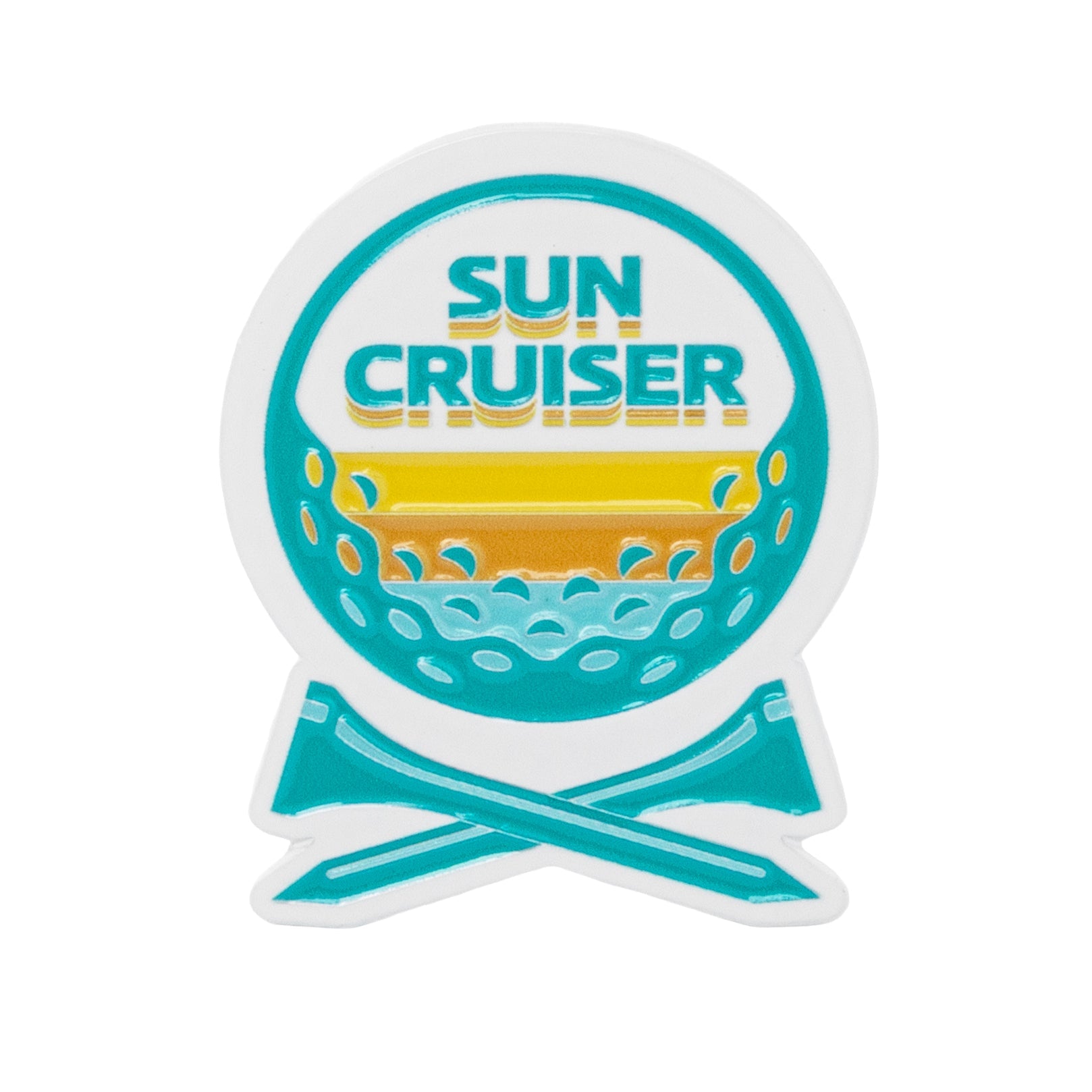 Sun Cruiser golf ball marker with colorful sunset, ocean waves, and crossed clubs design