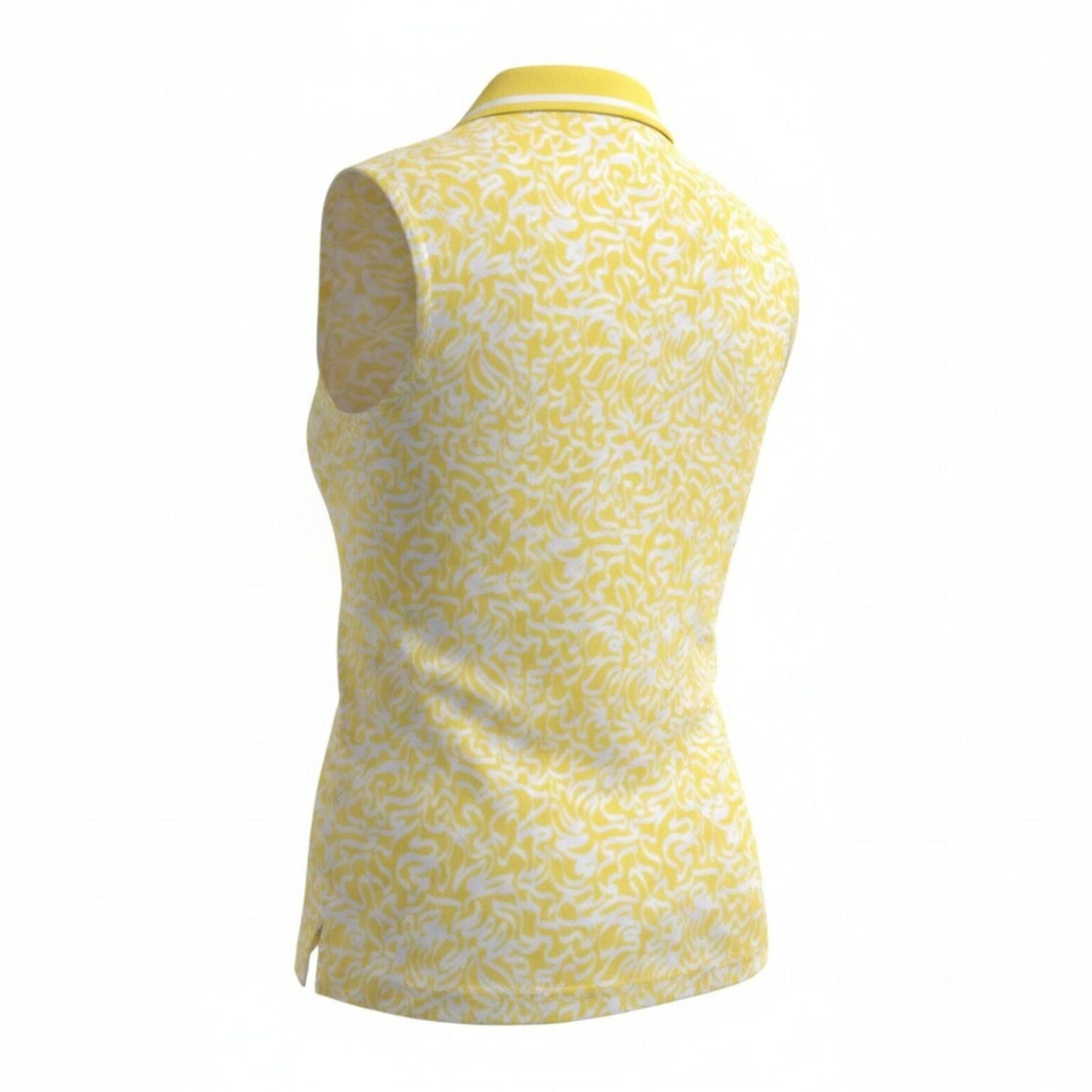 Back view of Sun Cruiser sleeveless yellow golf polo with all-over abstract print and tailored athletic fit