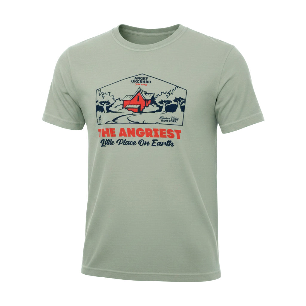 A sage green crewneck t-shirt featuring a vintage-style graphic print on the front with a mountain scene, a red tent, and the text 'THE ANGRIEST Little Place On Earth' in red and navy blue.