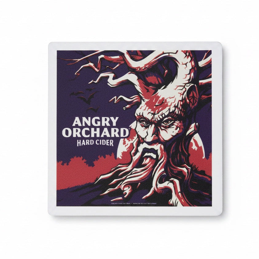 A square coaster featuring a stylized graphic of an angry, tree-like creature with the text 'ANGRY ORCHID HARD CIDER' on a white background.