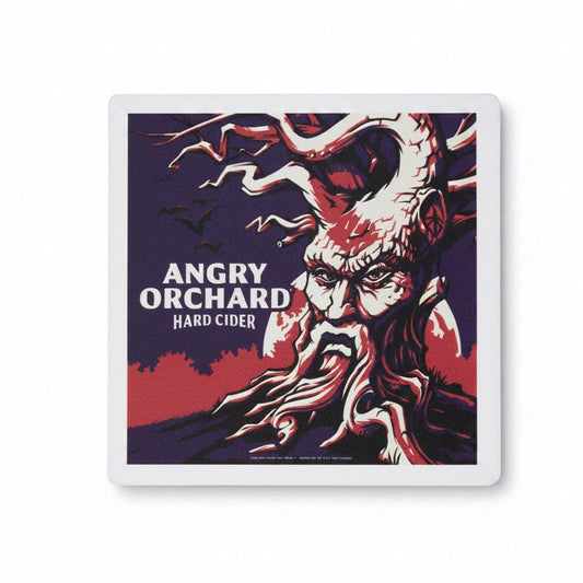 A square coaster featuring a stylized graphic of an angry, tree-like creature with the text 'ANGRY ORCHID HARD CIDER' on a white background.