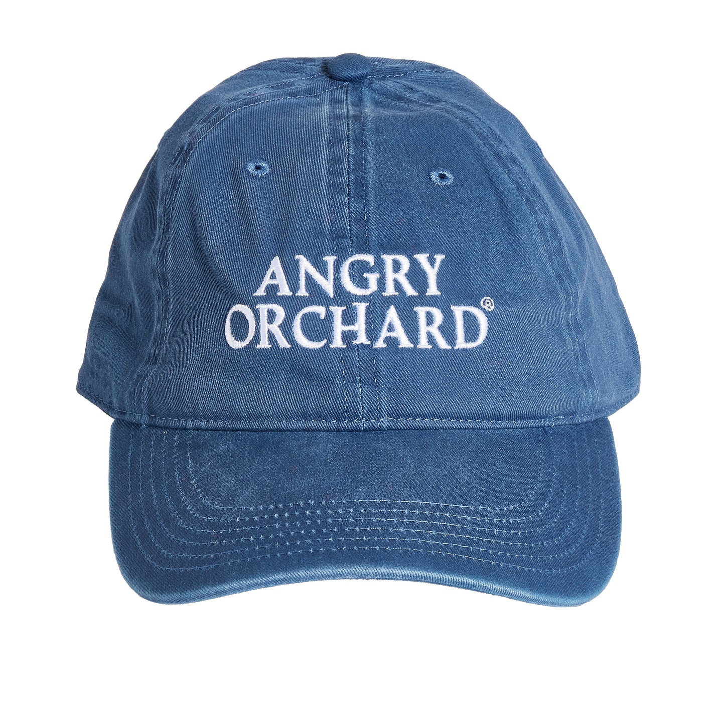Front view of the Angry Orchard Navy Richardson Dad Hat with crisp white embroidered “ANGRY ORCHARD” text centered on the crown. The cap has a curved brim, six‑panel construction, and a classic relaxed dad‑hat silhouette in navy cotton.