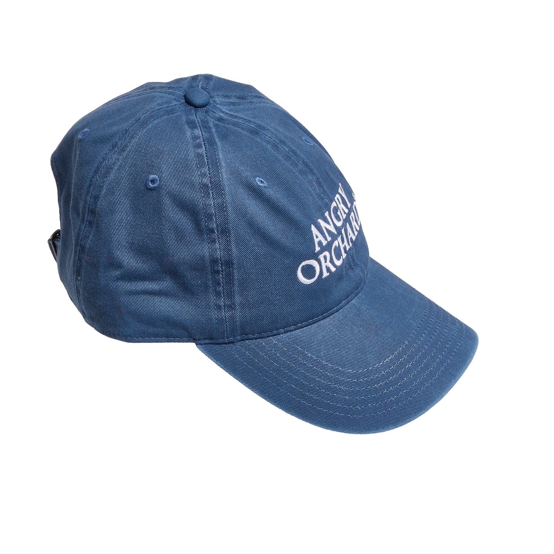 Angry Orchard Navy Richardson Dad Hat shown from a side‑angled view. The hat features a soft unstructured crown, curved brim, stitched eyelets, and white embroidered “ANGRY ORCHARD” logo on the front panel. Made from durable navy cotton fabric for a relaxed, vintage‑style fit.