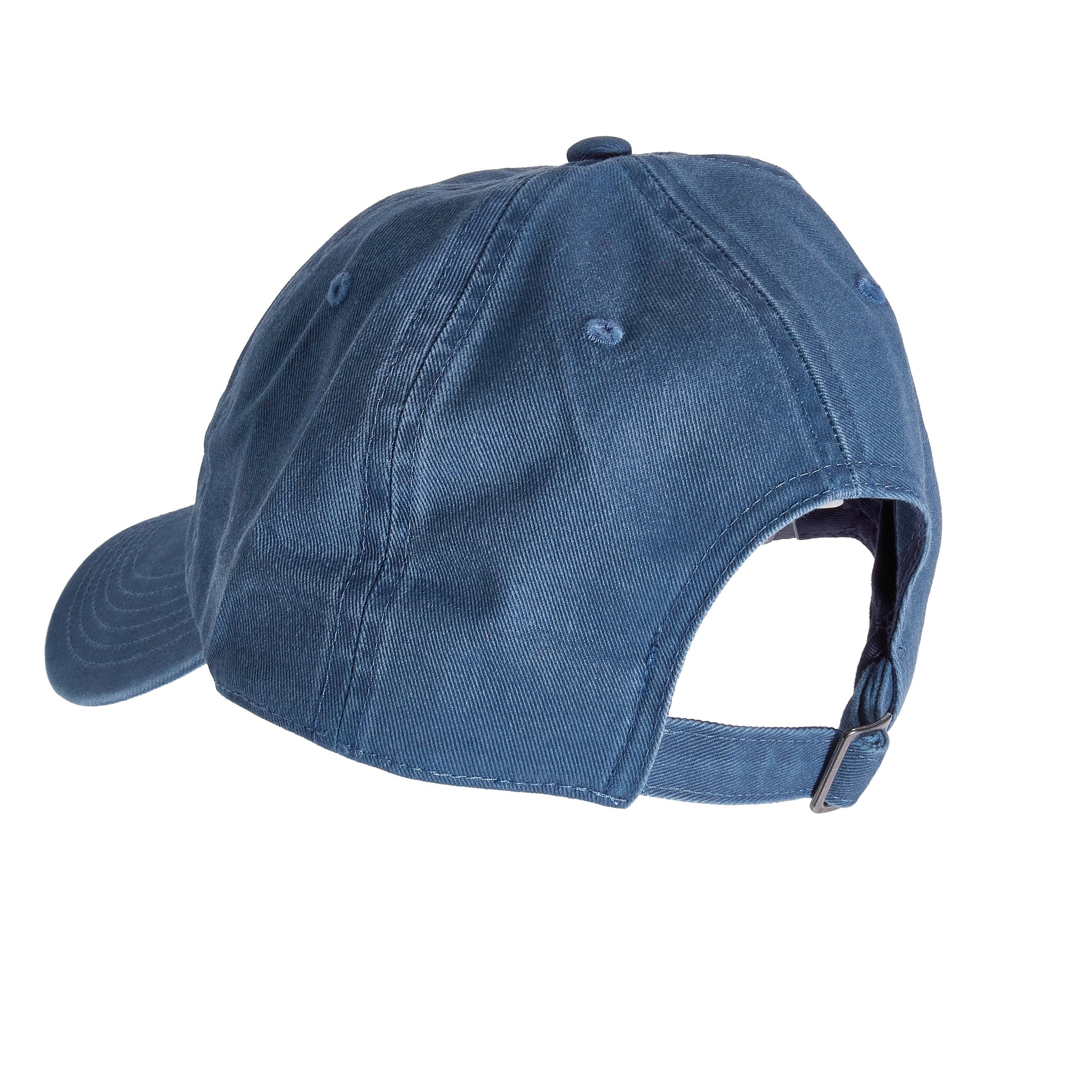 Back view of the Angry Orchard Navy Richardson Dad Hat showing the adjustable strap with metal buckle, six‑panel construction, stitched eyelets, and curved brim. Navy cotton fabric provides a comfortable, broken‑in dad‑hat look.