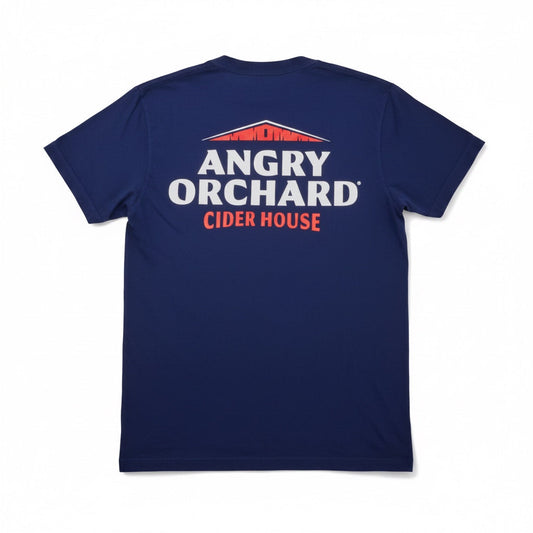 The back view of a blue crewneck tee shirt. The Angry Orchard logo is written in white and "Cider House" is written in red. The top of a red barn is featured above the writing. The shirt is laid flat against a white background.