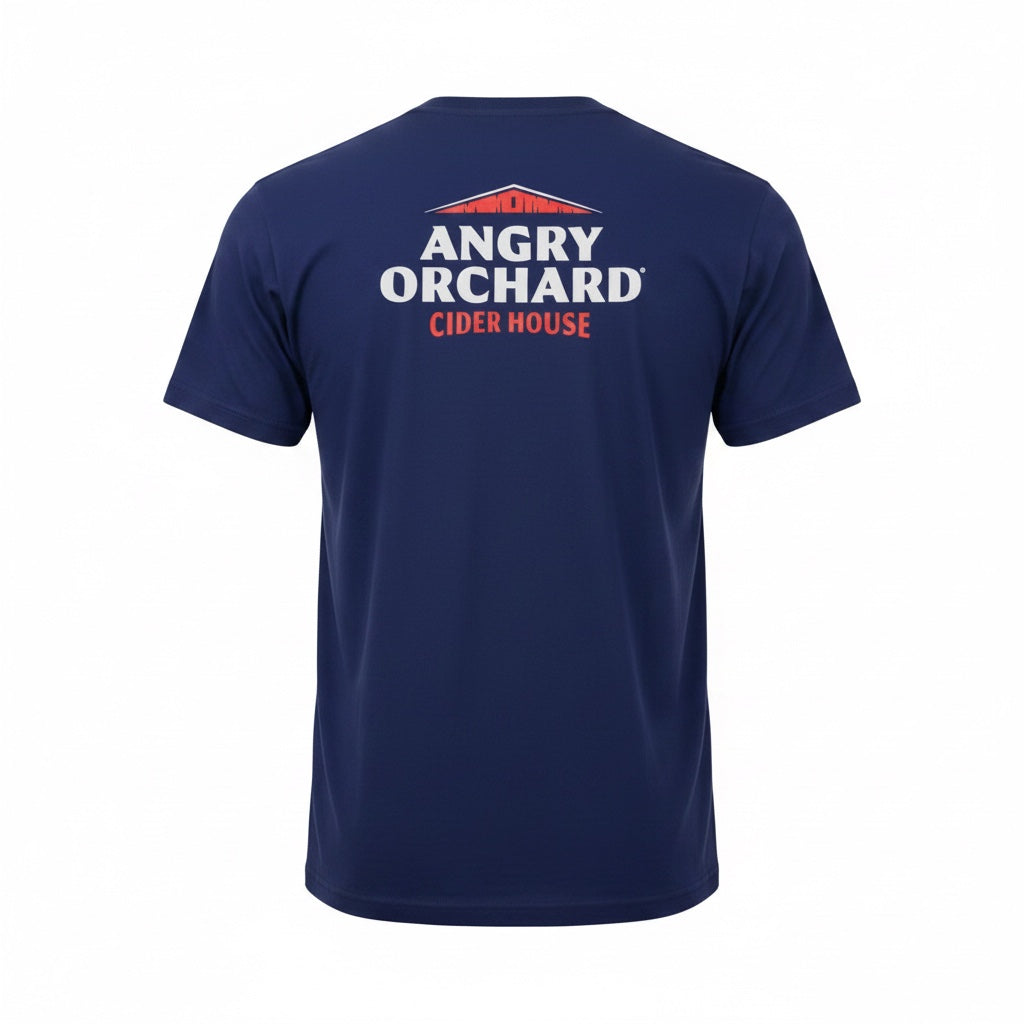 The back view of a blue crewneck tee shirt. The Angry Orchard logo is written in white and "Cider House" is written in red. The top of a red barn is featured above the writing. The shirt is laid flat against a white background.