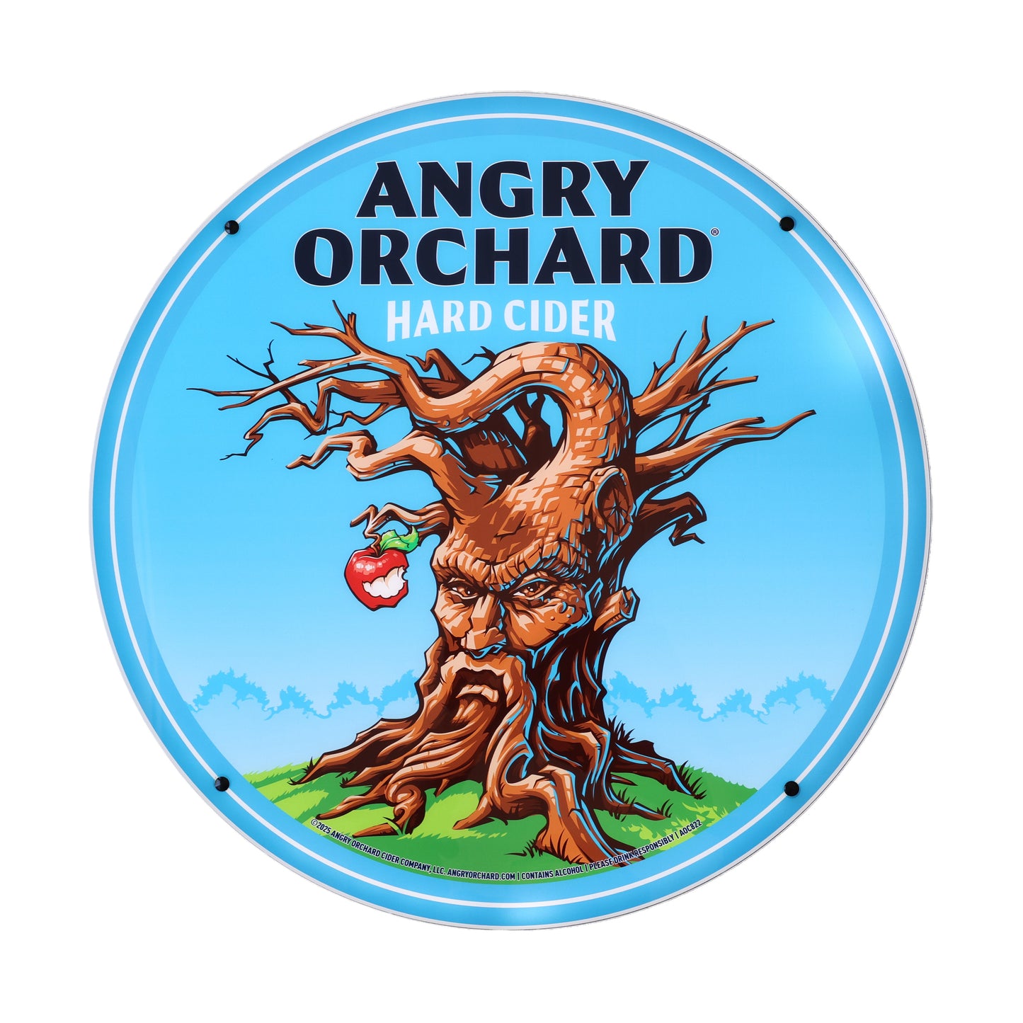 Angry Orchard hard cider logo with a tree-like figure and apple on a blue background