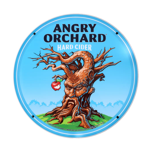 Angry Orchard hard cider logo with a tree-like figure and apple on a blue background