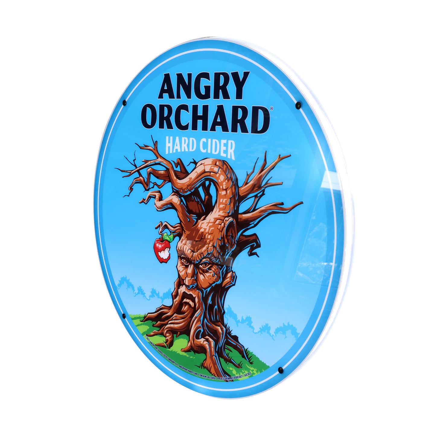 Angry Orchard hard cider sign with tree design and blue background
