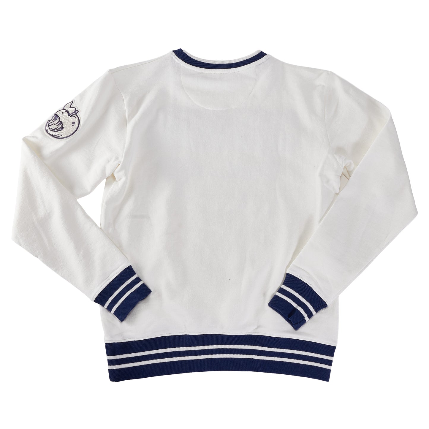 Back of the Angry Orchard White Walden Crew Sweatshirt—clean white knit with navy striped ribbed cuffs and hem; sleeve features a small embroidered Angry Orchard apple logo patch for branded detail.