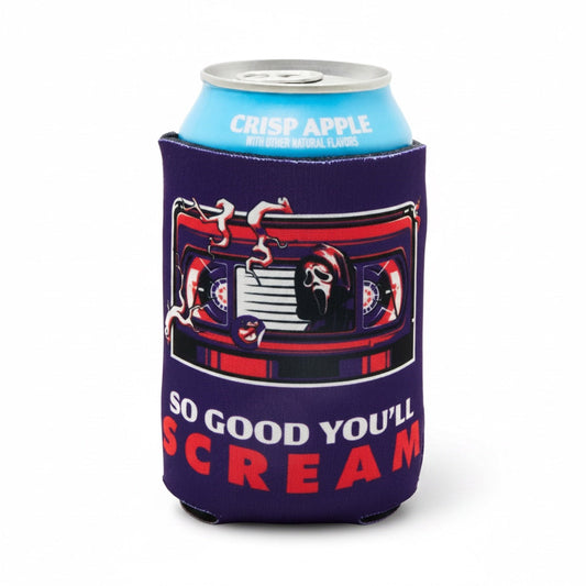 A dark purple can cooler sleeve holding a light blue can with a graphic of a cassette tape and the text 'SO GOOD YOU'LL SCREAM'.