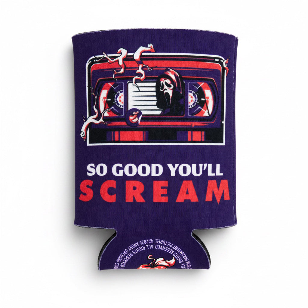 A purple can cooler featuring a graphic of a cassette tape with a snake and the text 'SO GOOD YOU'LL SCREAM' in white and red, shown on a white background.