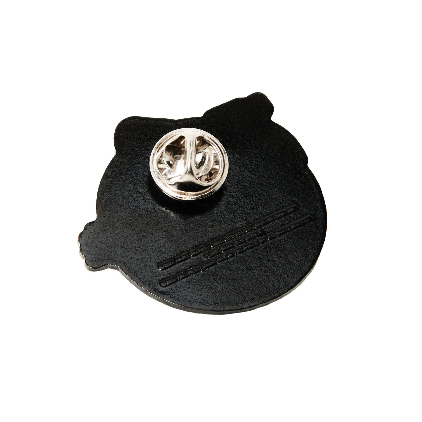 A black  pinback featuring a silver metal pin clasp on top and embossed line details, shown against a plain white background.