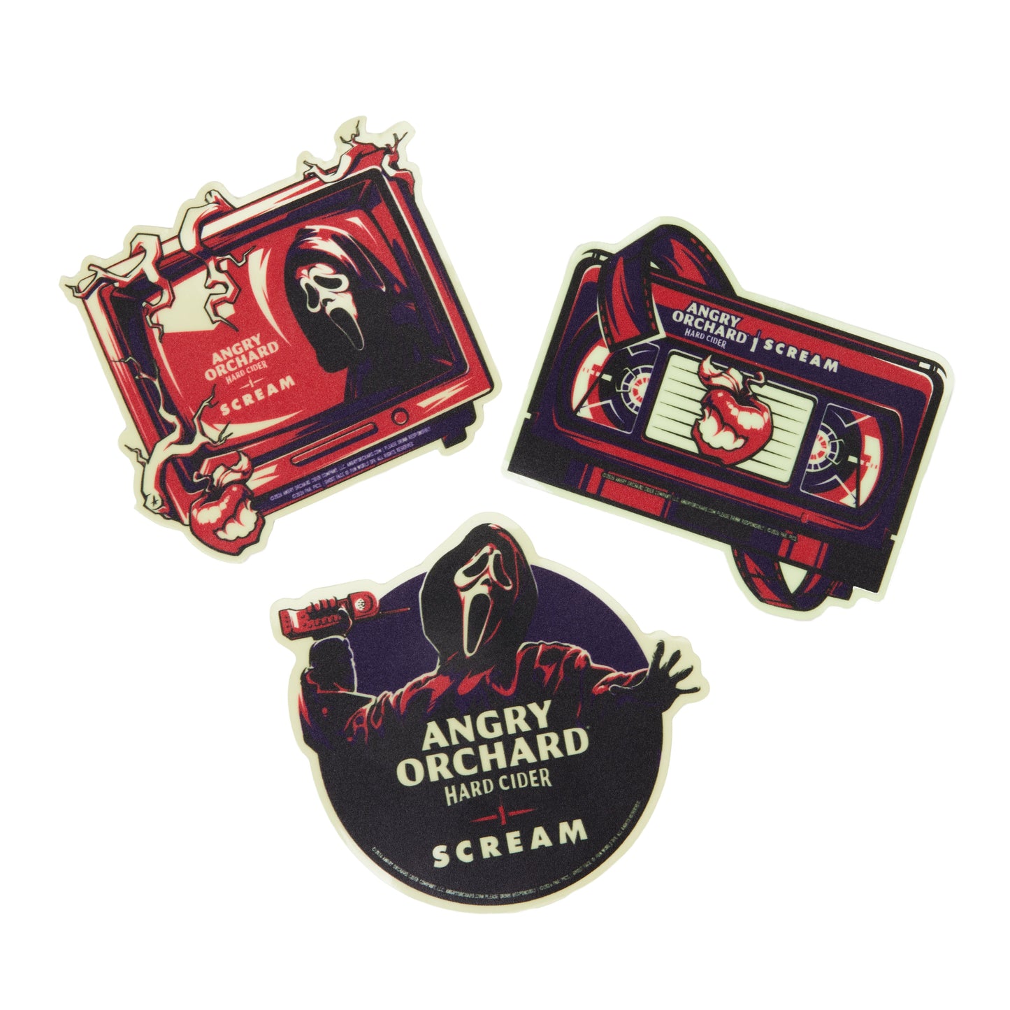 Three die-cut sticker designs featuring the Scream character and Angry Orchard Hard Cider branding, arranged on a plain white background.