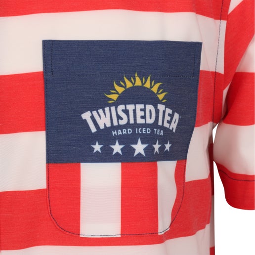 Close-up of a pocket on a red and white striped shirt. The dark blue pocket features the "TWISTED TEA" logo in white, with a golden sunburst design above it and five white stars below.