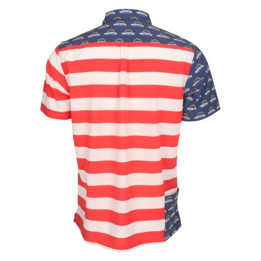 Rear view of a short-sleeved button up shirt designed like the American flag. The right side of the shirt (wearer's right) is red and white stripes, while the left side (wearer's left) is dark blue with white stars. The collar is also blue with white stars.