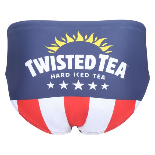 The back of men's swim briefs with an American flag-inspired design. The top half is dark blue with the "TWISTED TEA" logo in white, a golden sunburst above it, and five white stars below. The bottom half features vertical red and white stripes.