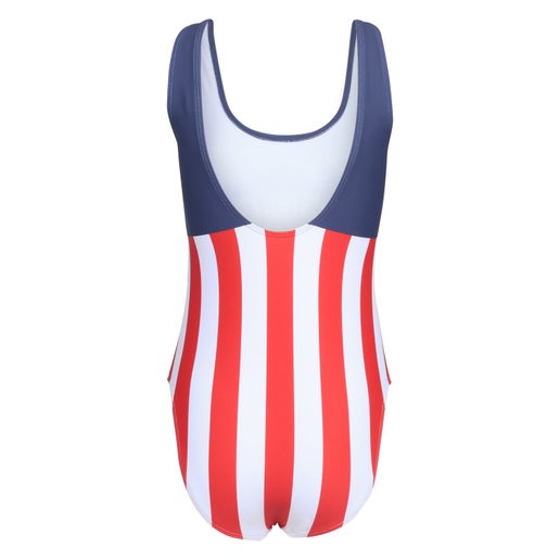 A one-piece swimsuit with an American flag-inspired design. The top section and straps are solid dark blue, while the main body of the suit features vertical red and white stripes.