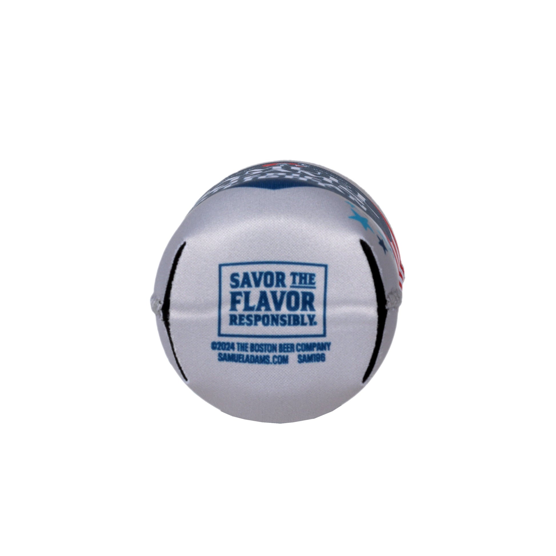 Bottom view of the grey 12 ounce can cooler with the phrase "Savor the flavor responsibly" printed in navy.