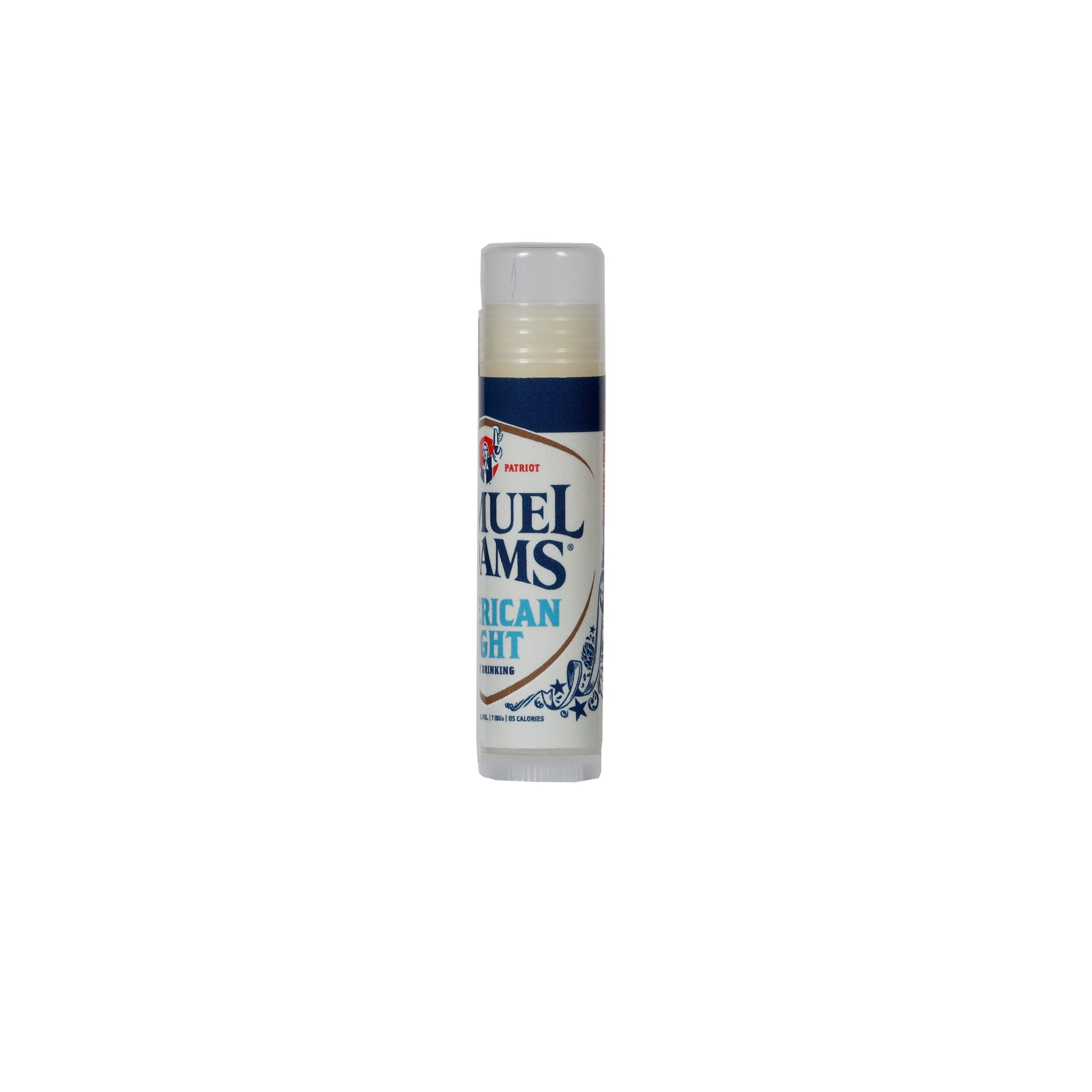 A lip balm that smells like Samuel Adams American Light beer in packaging to mimic the appearance of a can of American Light beer.