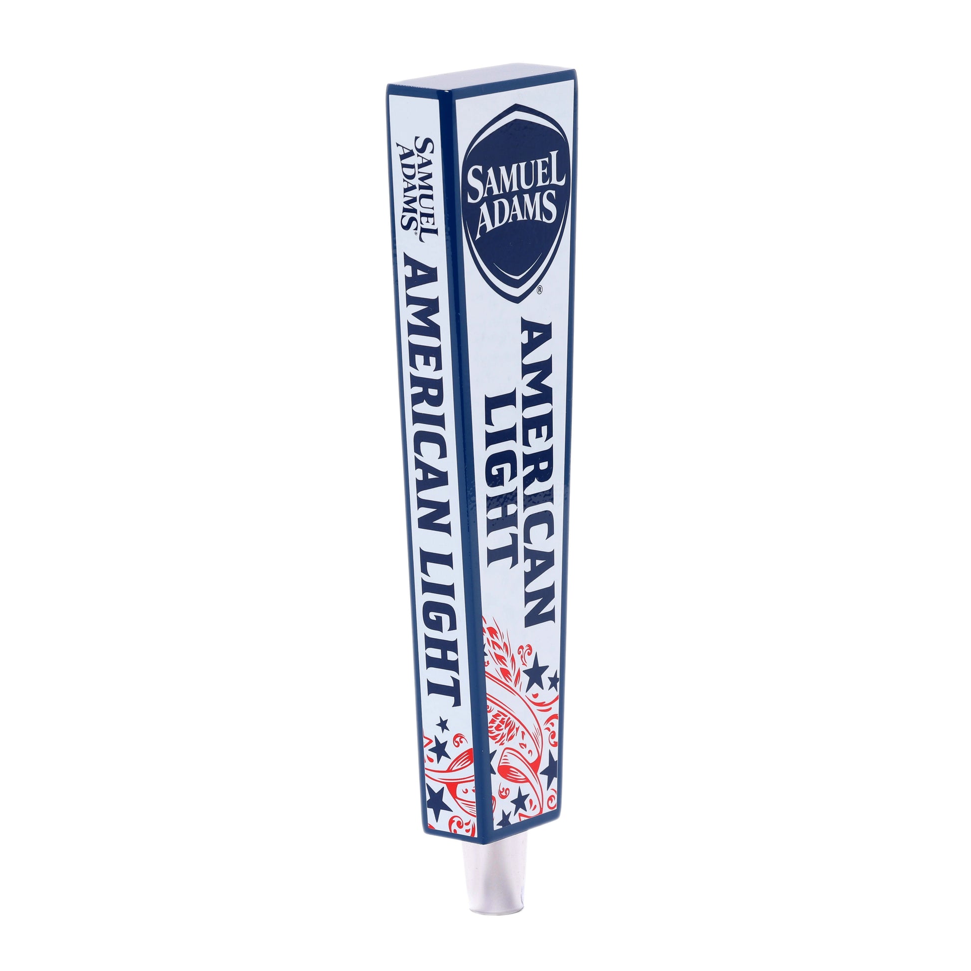 A Samuel Adams American Light tap handle with a white background, blue trim/details, and red details.